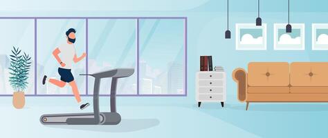 The guy runs on a treadmill. A man is jogging on a simulator. The concept of sport and healthy lifestyle. . vector