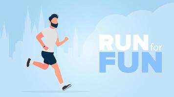 Run for fun. The guy is running. A man in shorts and a t-shirt jogs. Vector.