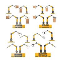 Set of mechanical robots holding boxes. Industrial robotic arm lifts a load. Modern industrial technology. Appliances for manufacturing enterprises. Isolated. Vector. vector