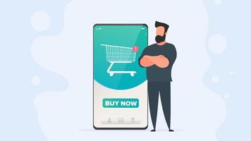 The guy is standing next to a large smartphone. Phone with online store application. Buy button. Cart, new order. Online shopping and payment concept. Vector. vector