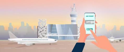 Buying a ticket through a smartphone. Online ticket purchase. Modern airport. Runway. Airplane on the runway. Airport in a flat style. City silhouette. Vector illustration