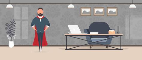 Director with a red cloak in the office. Businessman with a red raincoat. Loft-style room. Bright room. Workplace. Table with laptop, books and documents. Flower in a pot, wooden cabinet. . vector