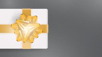 Gray background with realistic white gift box, gold ribbons and bow. Background with space for text. View from above. vector