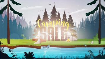 Camping sale banner. Morning in the forest. Forest with a river. Glade. Fish jumps out of the water. Vector. vector