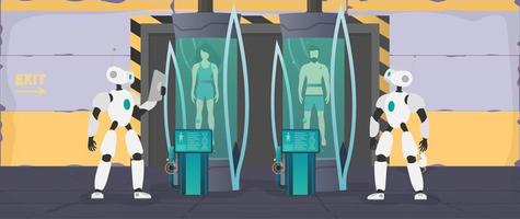 Collonization of the planets. The robot checks the condition of the human. Futuristic laboratory with cryogenic capsules. Cryon technology for humans or the cryogenic chamber of an astronaut. Vector.