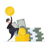 The robber holds a gold coin in his hands. vector