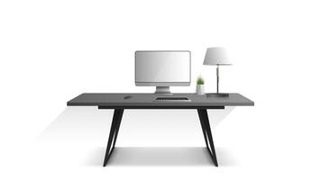 lugar de trabajo aislado en un fondo blanco. monitor, teclado, mouse de computadora, lámpara de mesa, planta de interior. vector. vector