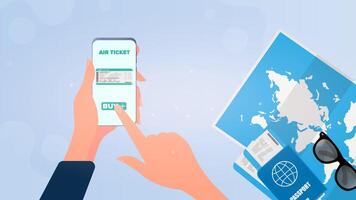 A girl buys a ticket through the phone. Online ticket purchase. Hands with a phone close-up. Vector. vector