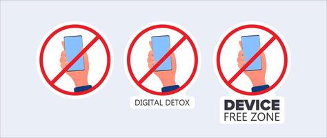 Set of stickers. Crossed out hand icon with a phone. The concept of ban devices, free zone devices, digital detox. Blank for sticker. Isolated. Vector. vector