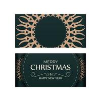 Festive Flyer Happy New Year dark green color with vintage yellow pattern vector