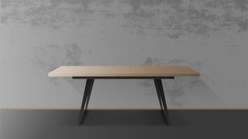 Wooden table with black metal base. Empty table, gray, concrete wall. Vector illustration