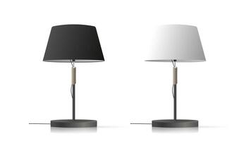 Set of decorative table lamps. Original model with a silk lampshade and a metal leg. Vector