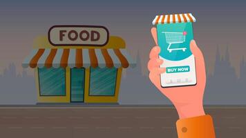 Makes purchases through the app. Shopping cart icon in the online store. Buying goods online. Hands with a phone close-up. . vector