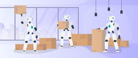 Robots work in a manufacturing warehouse. Robots carry boxes and lift the load. Futuristic concept of delivery, transportation and loading of goods. Vector. vector