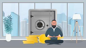 Sits in lotus position near the safe with gold coins. The concept of a successful business, deposits and income. Vector. vector