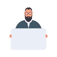 A businessman is standing and holding a blank poster with a place for the text. Man holding blank banner isolated on white background. The guy shows the poster. . vector