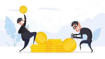 Two robbers steal gold coins. Two thieves are stealing money. Robbery and security concept. Vector. vector