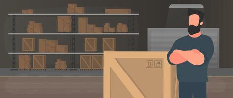 A man stands with a large wooden box. Large pallet. Delivery and transportation concept. Isolated. . vector