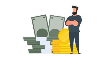 Businessman and a mountain of money. A man stands near gold coins and large dollar bills. A bundle of money. The concept of a successful business, earnings and wealth. Isolated. Vector. vector