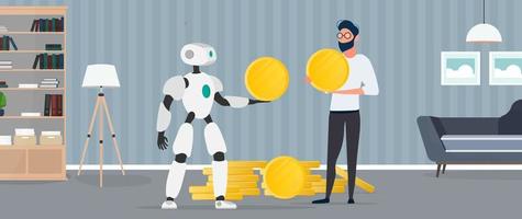 The robot gives a gold coin to a businessman. The robot brings profit to the business. The concept of earnings, profit and wealth. Vector. vector