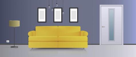 ilustración vectorial de un interior. sofá amarillo, puerta blanca, lámpara de pie con pantalla blanca, lámpara de techo blanca. interior vectorial realista.
