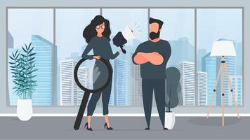 Specialists in finding and hiring people for work. The girl is holding a shout. Strong man. HR concept. Vector. vector