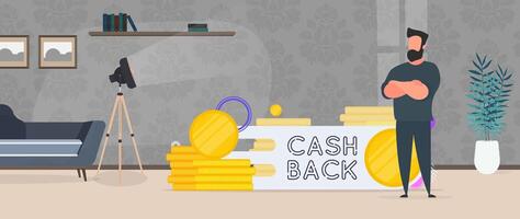 Confident Businessman. Cashback lettering isolated on white background. Golden coins. Composition on the subject of money back. Vector. vector