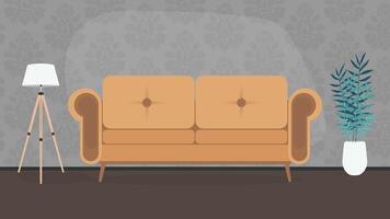 The room is made in dark colors. A lazy stylish sofa, a floor lamp, a houseplant in a white pot. Gray wallpaper with a pattern. . vector