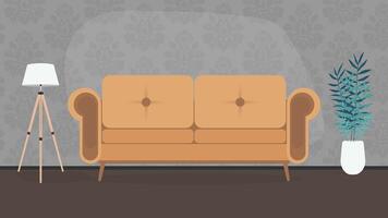 The room is made in dark colors. A lazy stylish sofa, a floor lamp, a houseplant in a white pot. Gray wallpaper with a pattern. Vector. vector