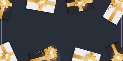 Golden gift boxes on black background with white ribbon vector