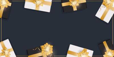 Black background with gifts and place for text. Realistic gift boxes with gold ribbons and bow. Vector illustration.