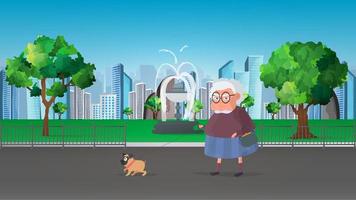 Grandmother walks in the park with a small dog. Flat style vector illustration.