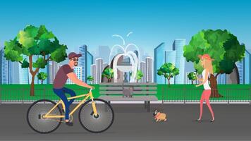 Vector illustration of a summer city park. A girl with a dog walks in the park.