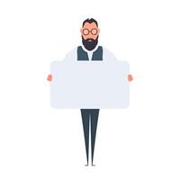 A businessman is standing and holding a blank poster with a place for the text. Man holding blank banner isolated on white background. The guy shows the poster. Vector. vector