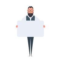 un hombre de negocios está de pie y sostiene un cartel en blanco con un lugar para el texto. hombre que sostiene la pancarta en blanco aislada en el fondo blanco. el chico muestra el cartel. vector. vector