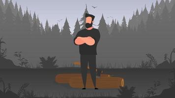 Strong lumberjack. The guy folded his arms over his chest. Large logs and an ax. Vector. vector