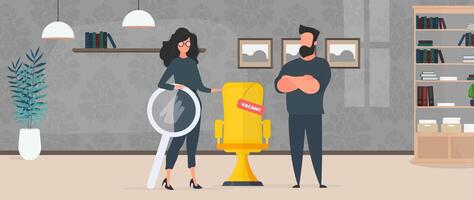 The girl shows in an empty space. Gold office chair. Open work concept. Suitable for registration on the topic of job search and workers. Vector. vector