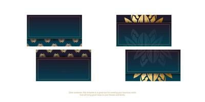 Business card with gradient blue color with luxurious gold ornaments for your contacts. vector