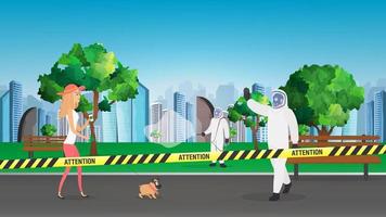 People in protective suits from the virus. The city is in quarantine. Coronavirus in the city. Yellow ribbons with black stripes. Vector illustration