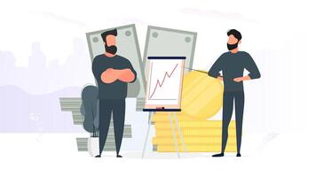 The guy shows a report to the boss. Presentation with positive dynamics. Board for paper. Infographics. Business growth. . vector
