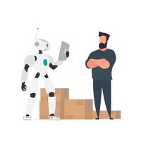 A robot with a tablet checks the goods. Robot with cardboard boxes. The concept of deliver and industry of the future. Isolated. . vector