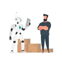 A robot with a tablet checks the goods. Robot with cardboard boxes. The concept of deliver and industry of the future. Isolated. Vector. vector