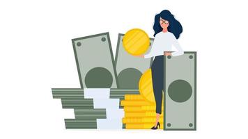 Woman and a mountain of money. The girl stands near gold coins and large dollar bills. A bundle of money. The concept of a successful business, earnings and wealth. Isolated. Vector. vector