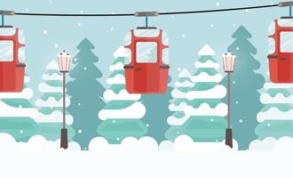 Cable car with trailers in the winter forest. Fabulous snowy forest. Vector