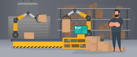 Conveyor line with boxes. Conveyor system in flat design. A man stands with cardboard boxes. . vector