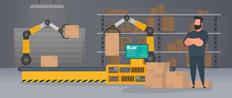 Conveyor line with boxes. Conveyor system in flat design. A man stands with cardboard boxes. Vector. vector