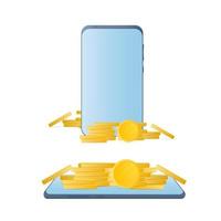 Smartphone with gold coins. Phone, a mountain of coins. The concept of cashback and mobile banking. Isolated. Vector. vector