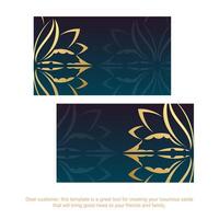 Gradient blue business card with greek gold pattern for your contacts. vector