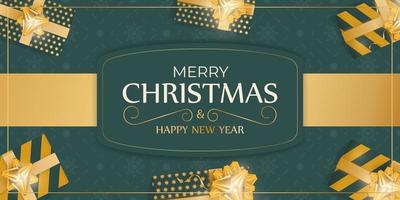 Merry Christmas and Happy New Year banner with green colors. Background with gifts. Vector. vector