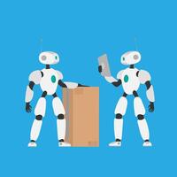 A white robot holds a box. Set of futuristic robots. The concept of future delivery, artificial intelligence and technology. Isolated, vector. vector